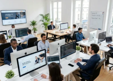 Espace de travail moderne d'une agence web avec écrans et collaborateurs