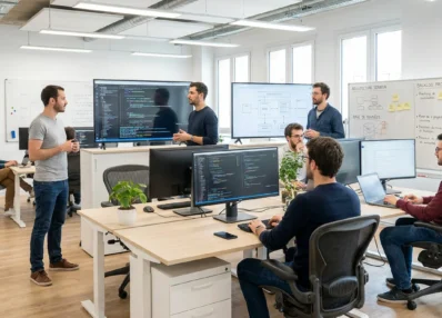 Équipe de développeurs travaillant sur un projet logiciel dans un bureau moderne en France
