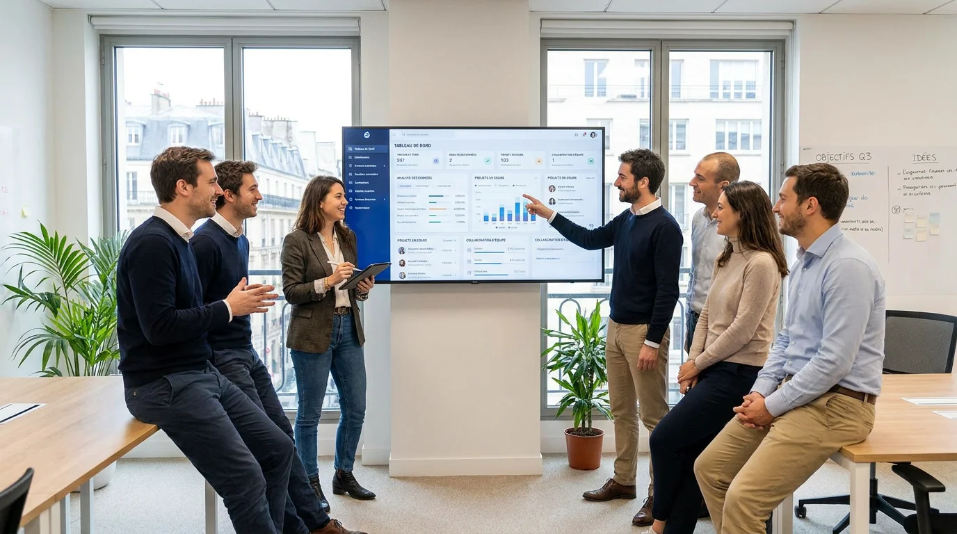 Équipe de développement collaborant sur un logiciel sur mesure dans un bureau en France