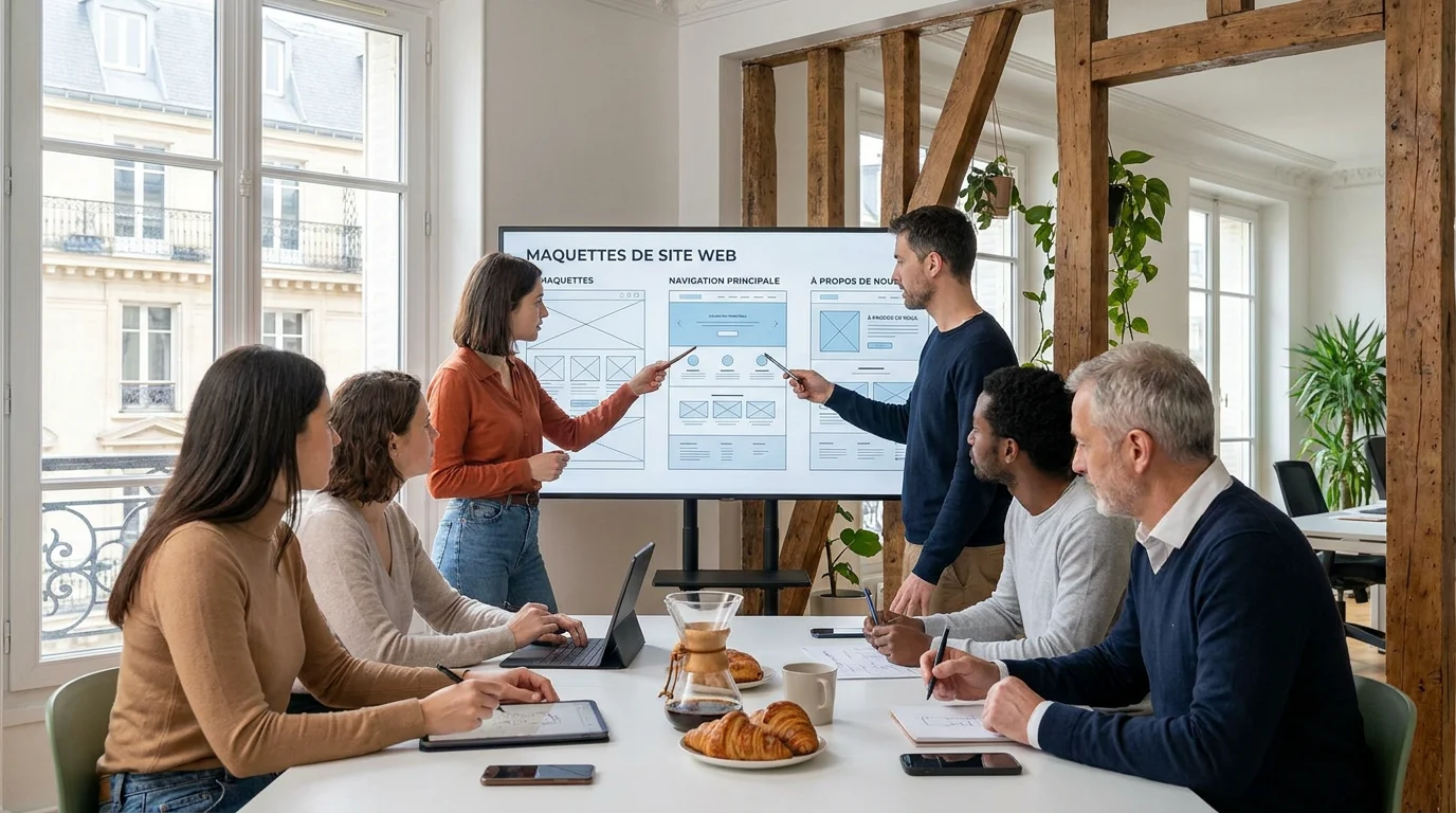 Équipe pluridisciplinaire travaillant sur un projet de site web sur mesure dans un bureau en France