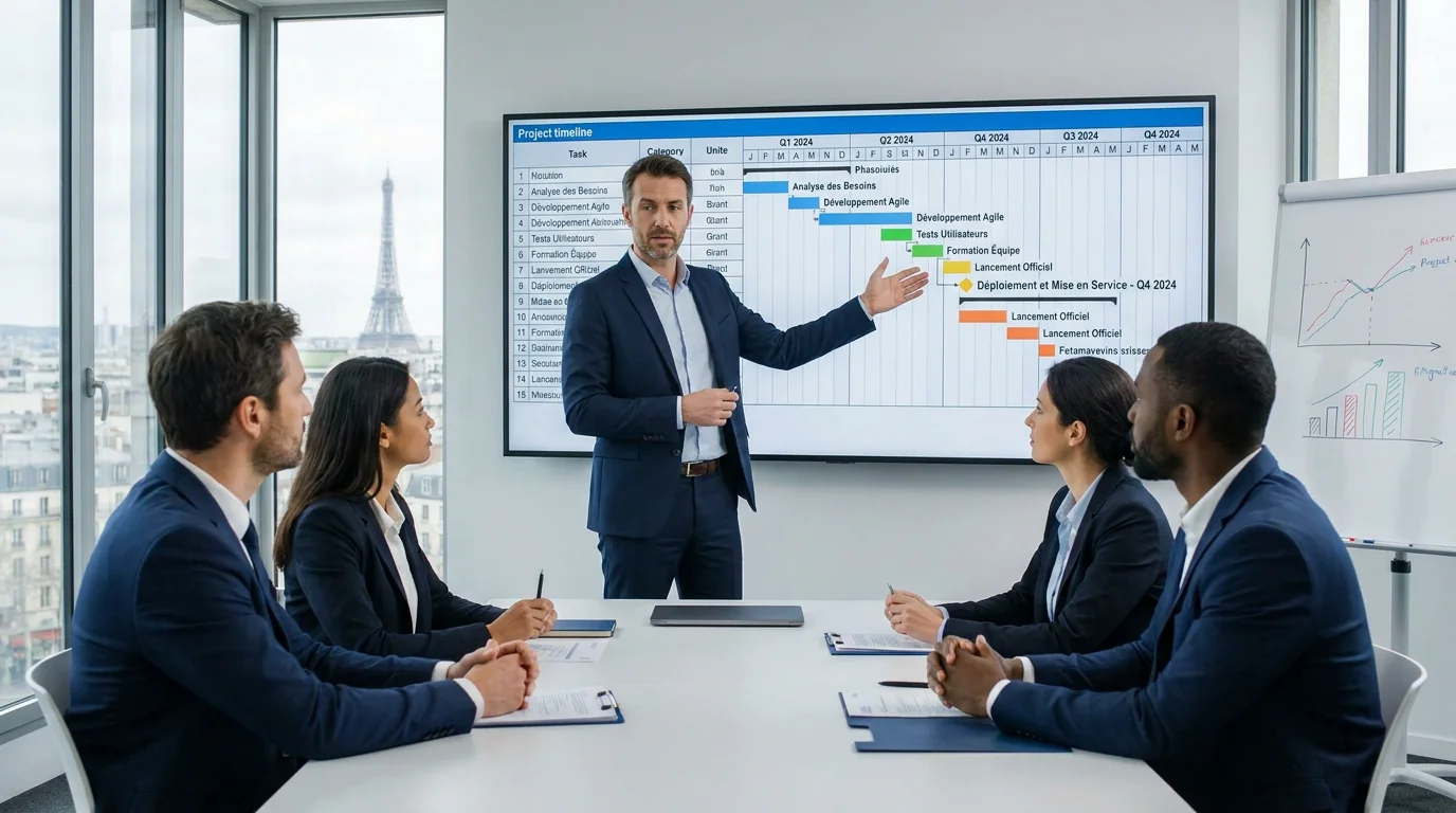 Chef de projet présentant la méthodologie de développement web sur mesure lors d'une réunion en France