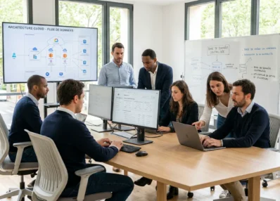 Équipe de développement travaillant sur une architecture SaaS dans un bureau moderne