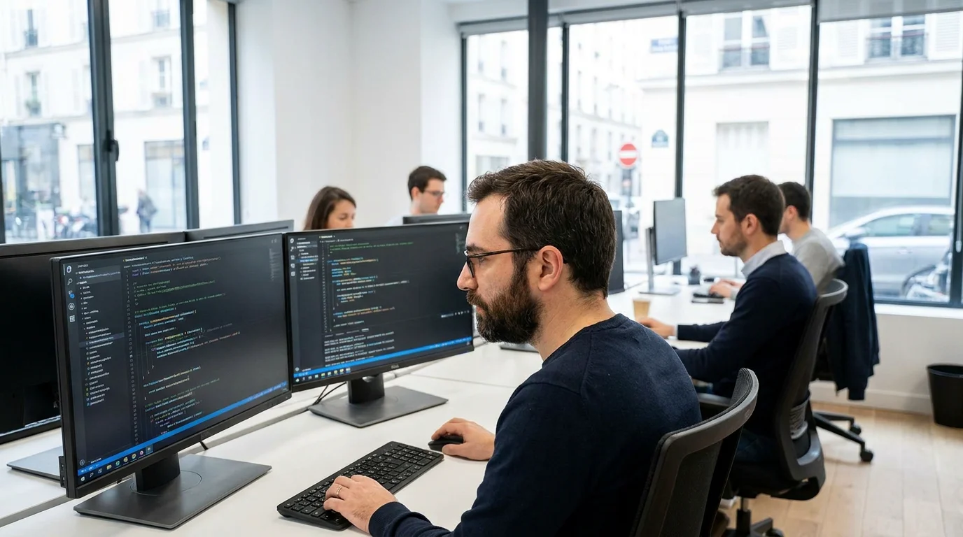 Développeur travaillant sur un logiciel sur mesure dans un open space moderne en France
