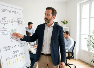 Chef de projet européen présentant un schéma d'architecture de projet web sur un tableau blanc