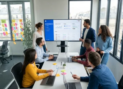 Équipe européenne collaborant sur la conception d'une application web SaaS dans un espace de travail moderne