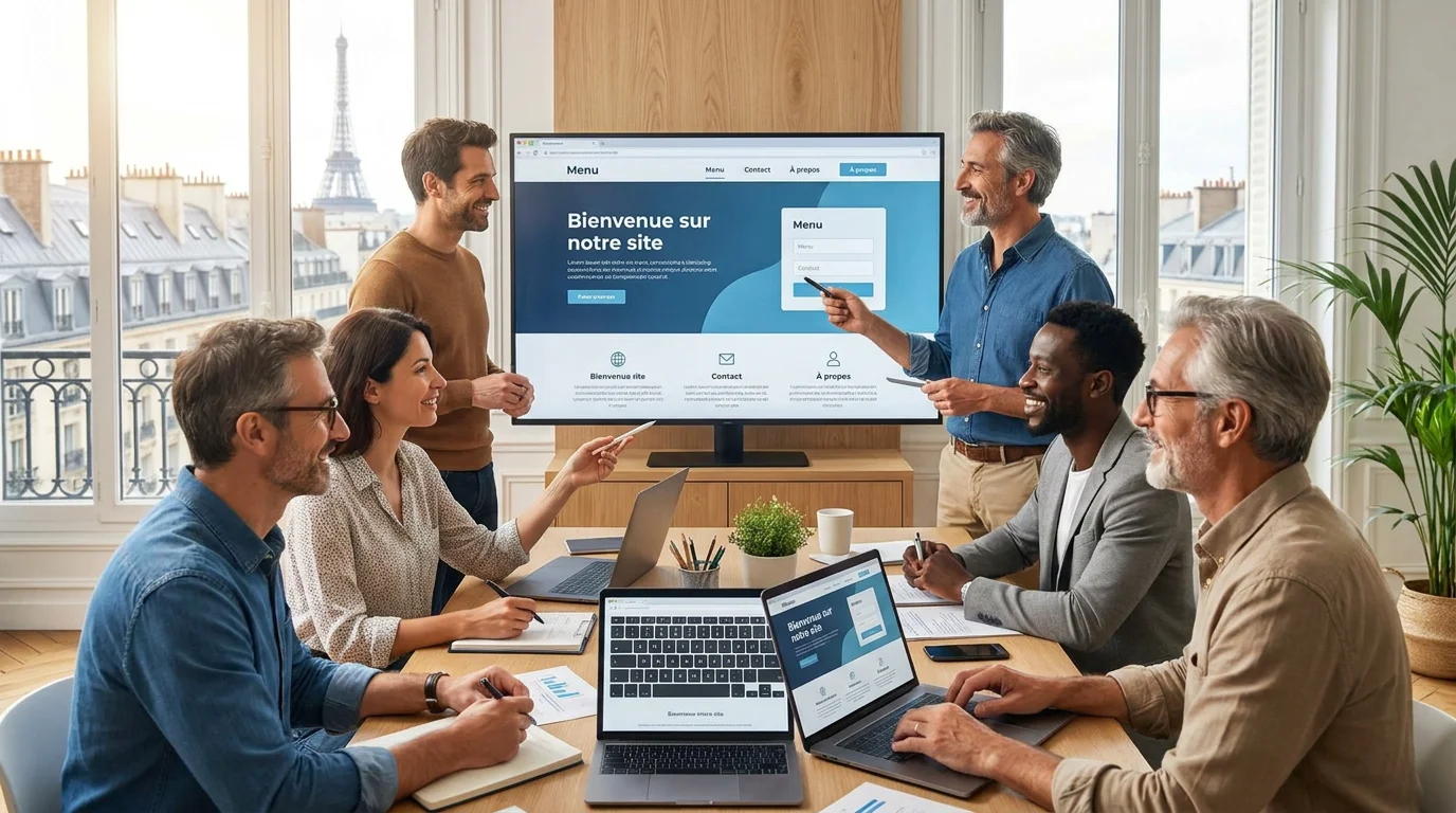 Équipe de professionnels du web en réunion de conception autour d'un prototype de site