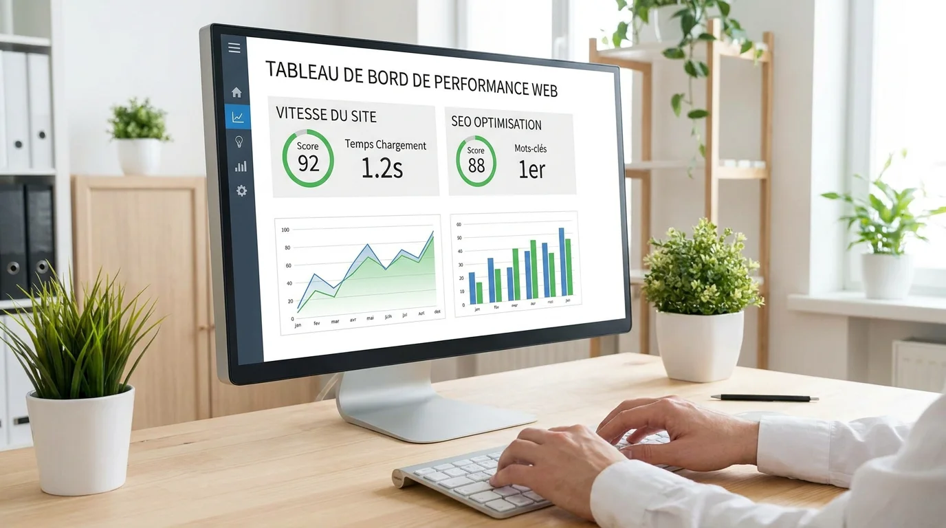 Tableau de bord de performance web affichant des indicateurs SEO et de vitesse de chargement