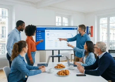 Équipe professionnelle travaillant sur la refonte d'une application web dans un bureau moderne