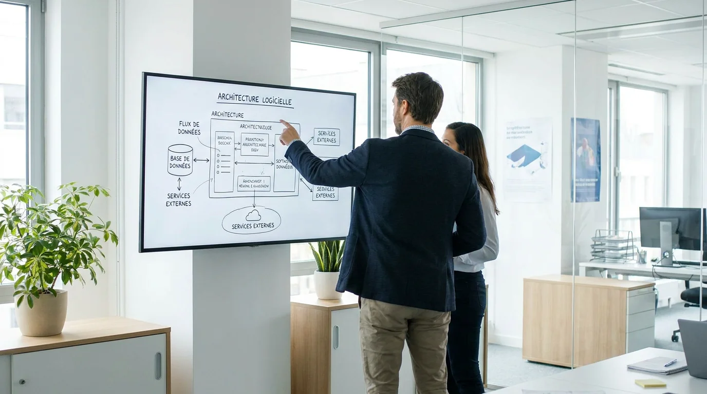 Développeur concevant une architecture applicative évolutive sur grand écran