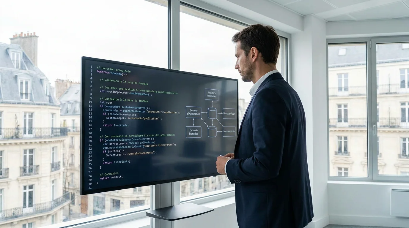 Professionnel européen analysant du code source lors d'un audit de reprise de projet logiciel