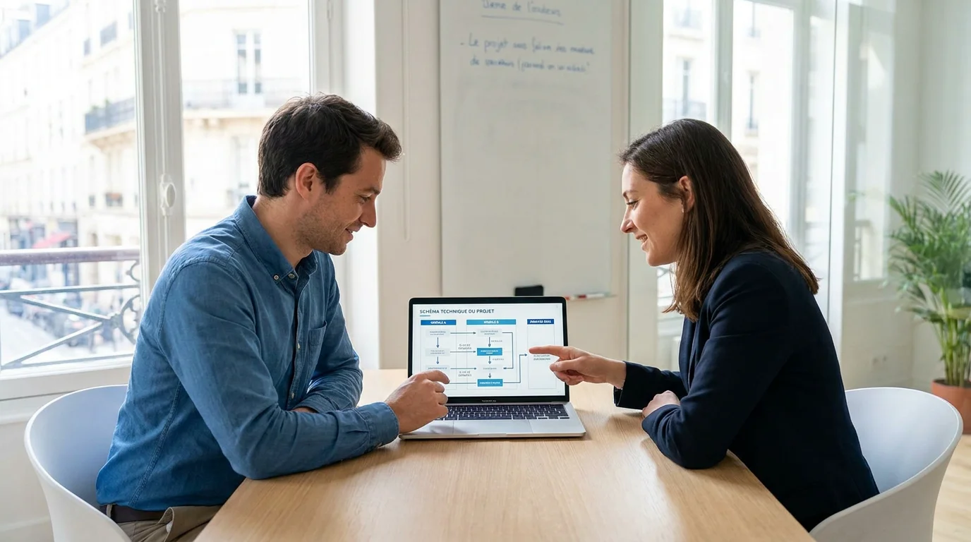 Deux professionnels européens collaborant lors du transfert de compétences d'un projet logiciel