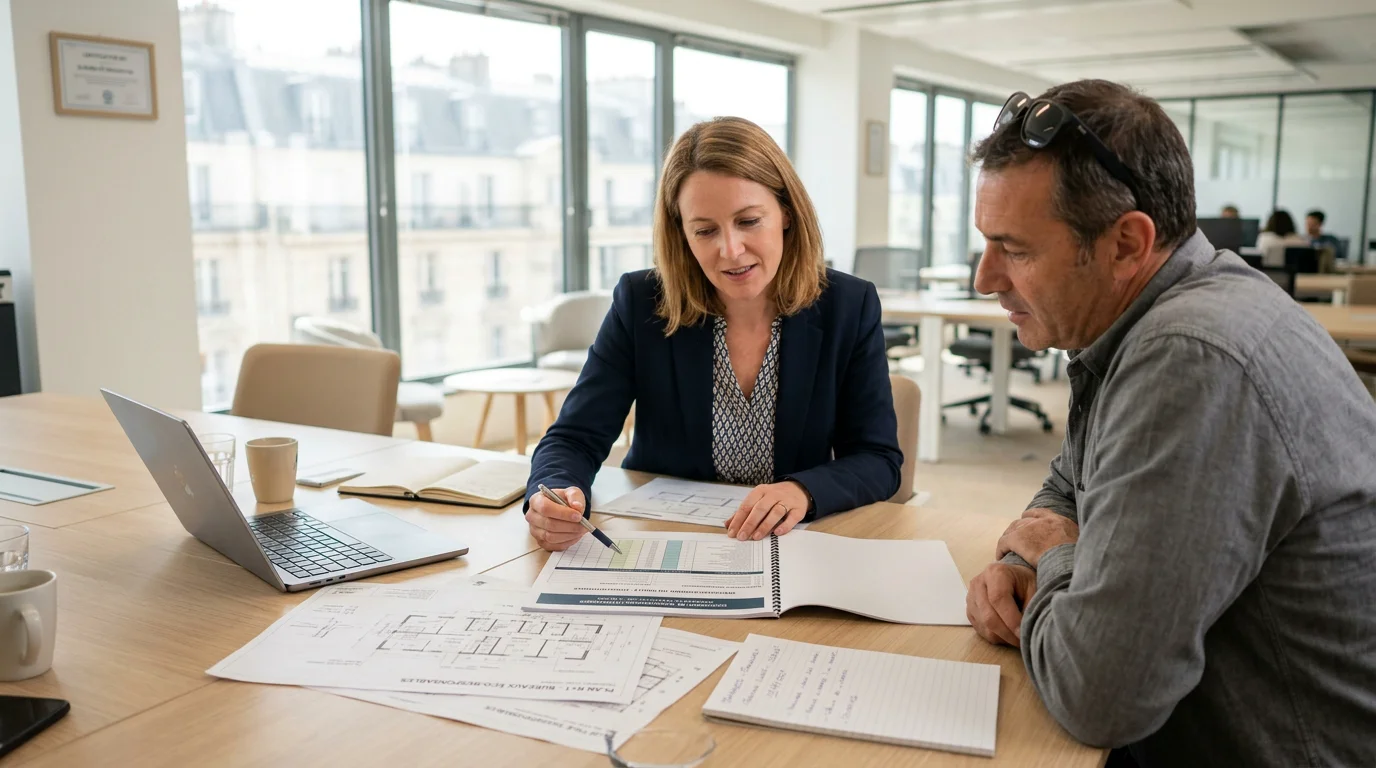 Deux professionnels européens examinent un cahier des charges d'application dans un bureau moderne