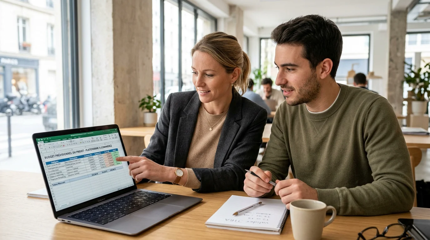 Chef de projet et développeur analysant le budget d'un logiciel SaaS sur mesure