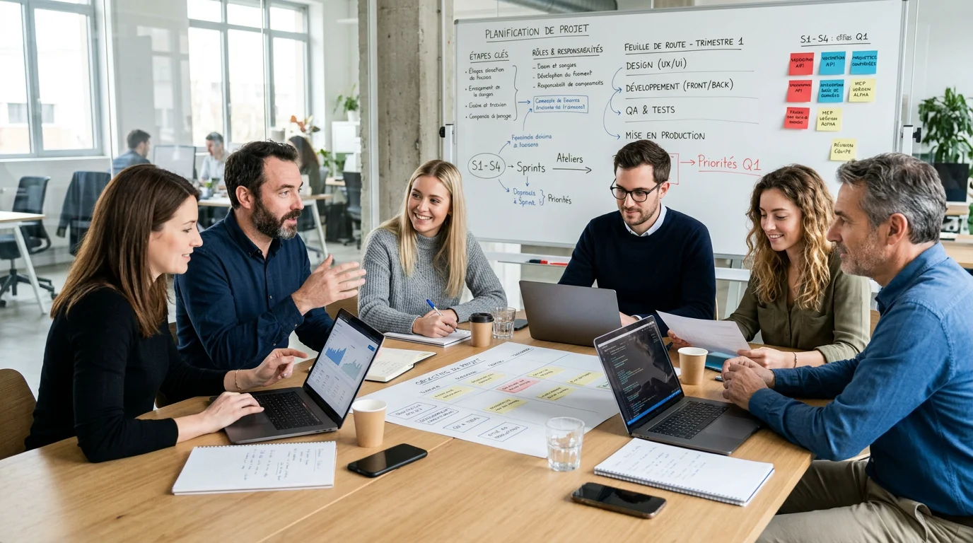 Équipe pluridisciplinaire planifiant un projet de logiciel SaaS sur mesure