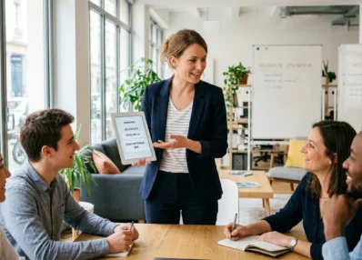 Entrepreneur européen présentant l'idée d'un MVP sur une tablette dans un espace de travail moderne
