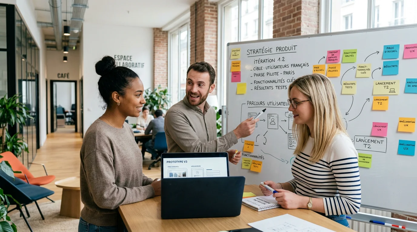 Équipe de startup européenne travaillant sur un prototype de MVP autour d'un tableau blanc