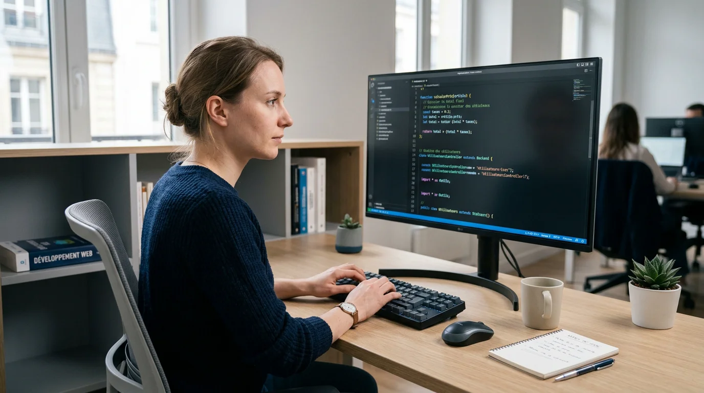 Développeur européen codant un site web sur mesure sur son écran