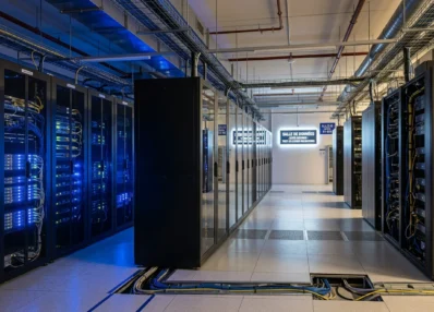 Salle serveurs moderne illustrant un backend performant